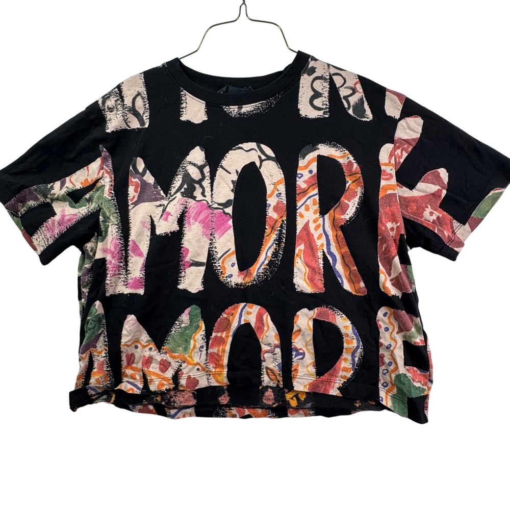 Desigual Amore Graphic Print T-Shirt Womens Medium Black Cropped Raw Hem Shirt
